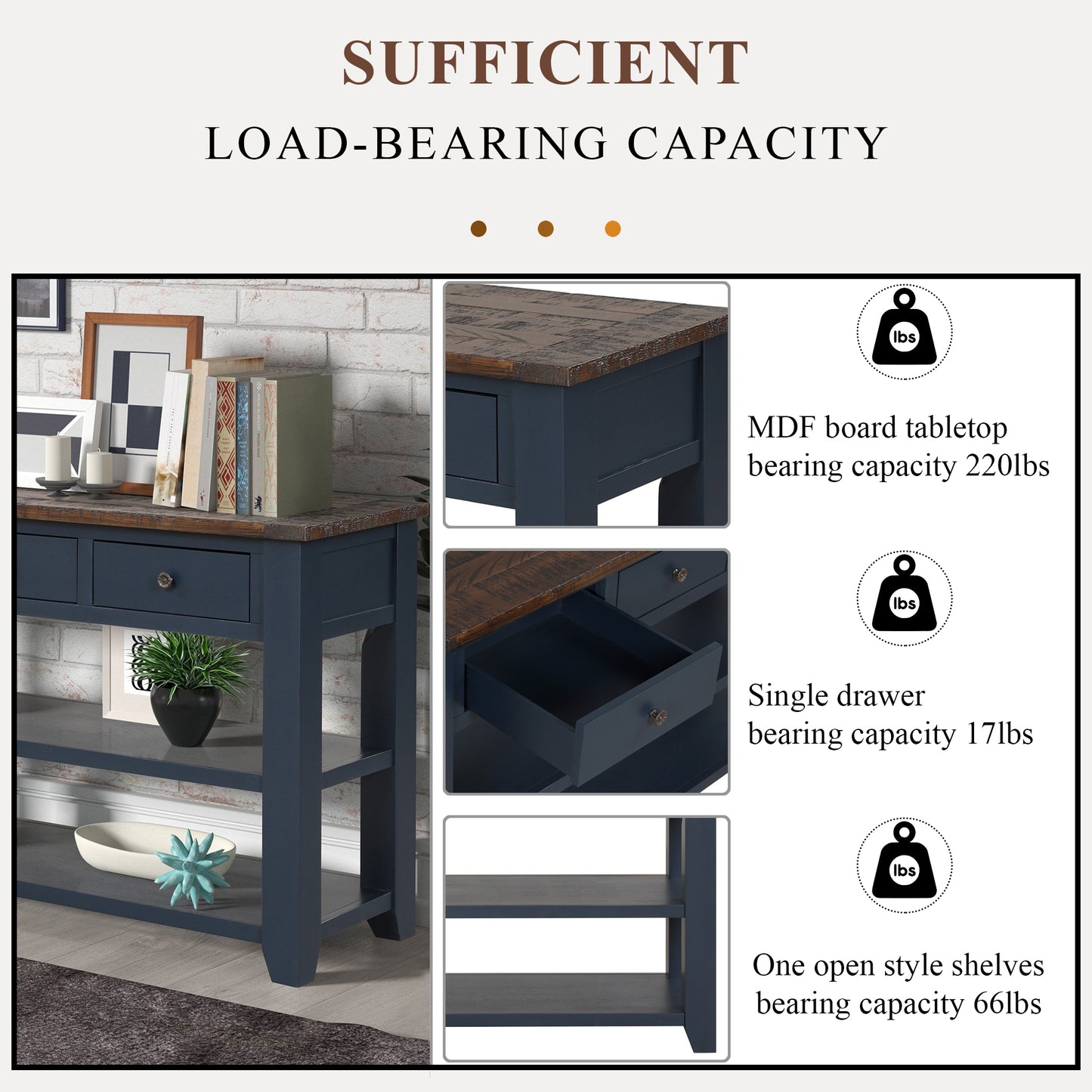 Navy blue console table with rustic wood top and three open shelves
