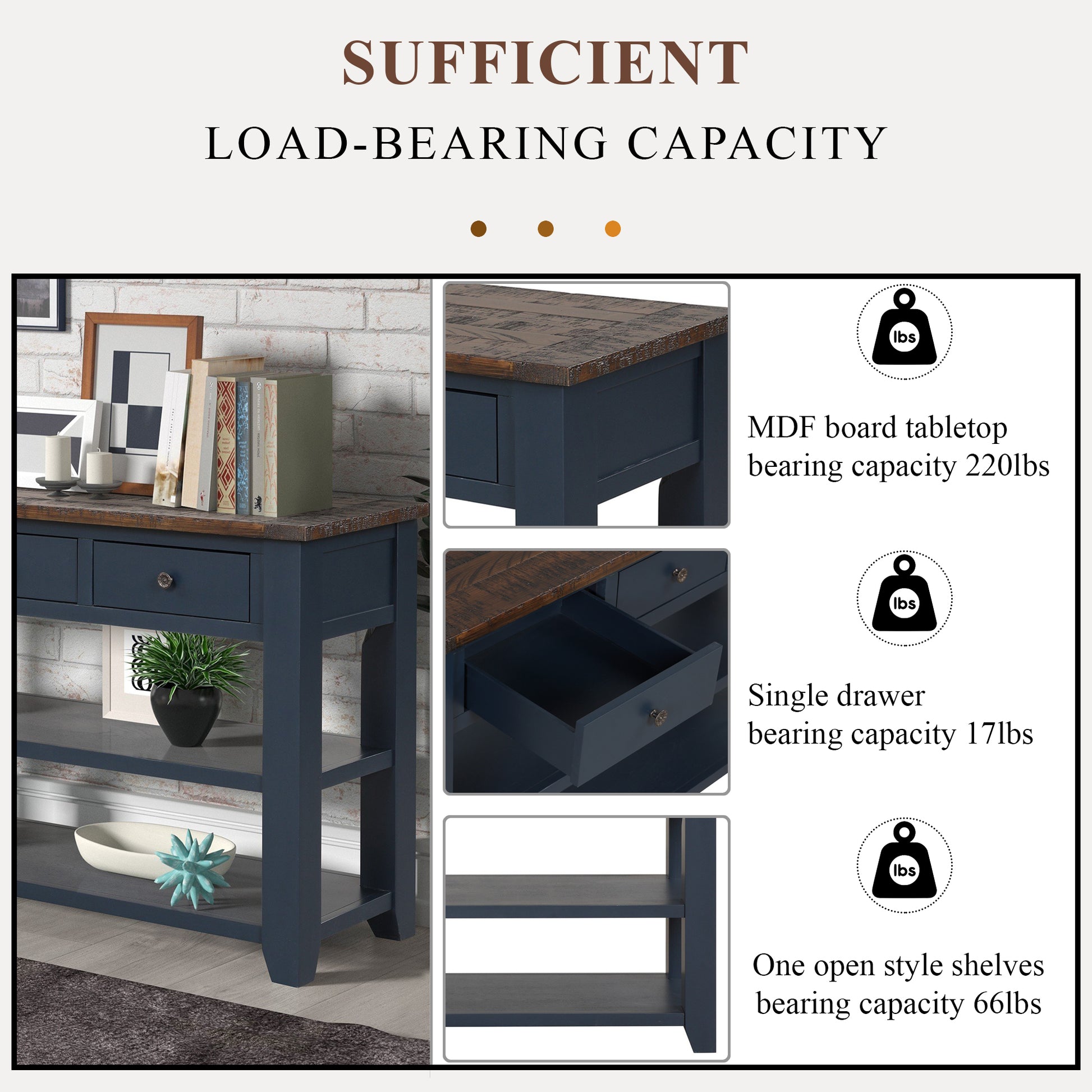 Navy blue console table with rustic wood top and three open shelves
