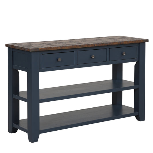 Navy blue console table with three drawers and two shelves rustic wood top