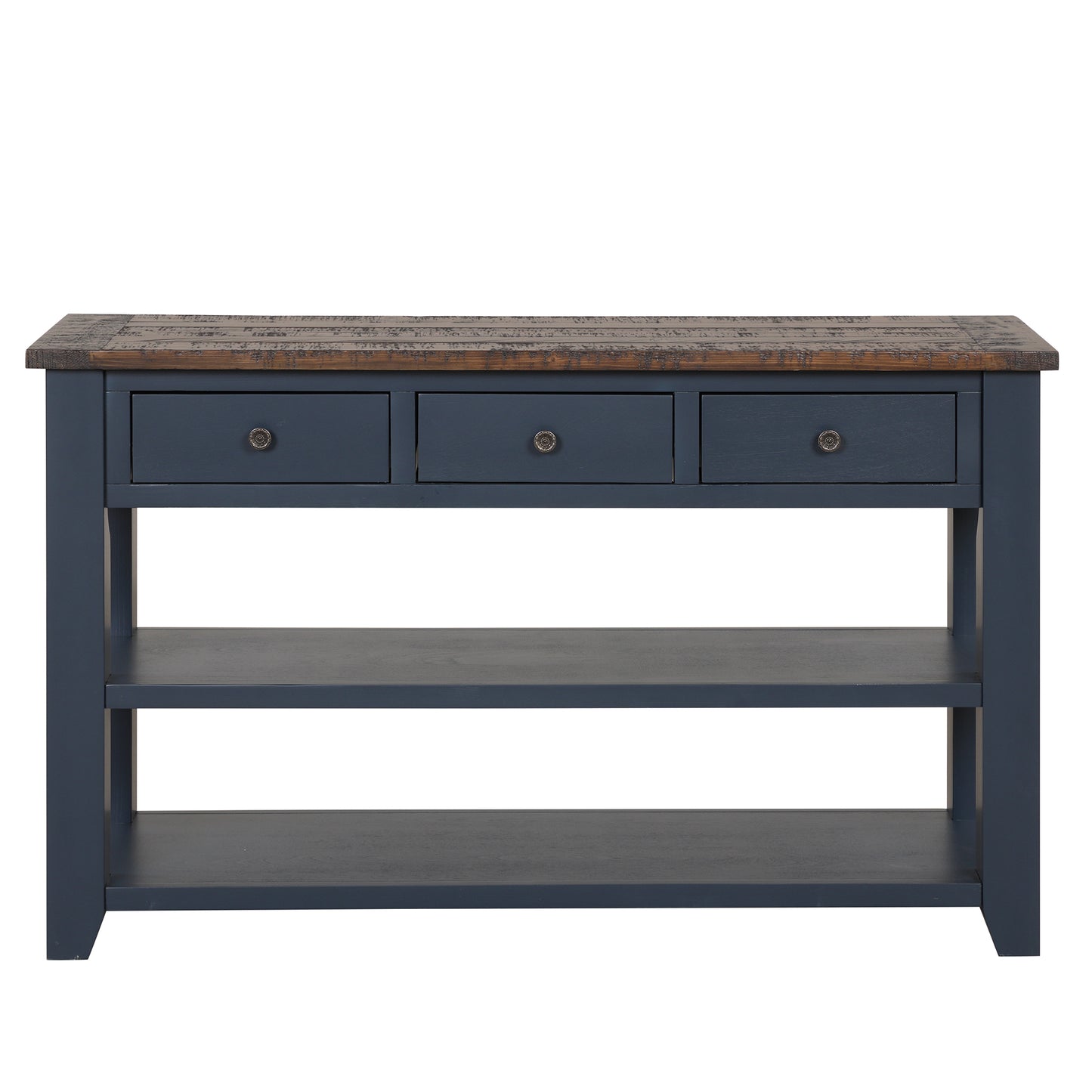 Navy blue console table with three drawers and two open shelves rustic distressed top