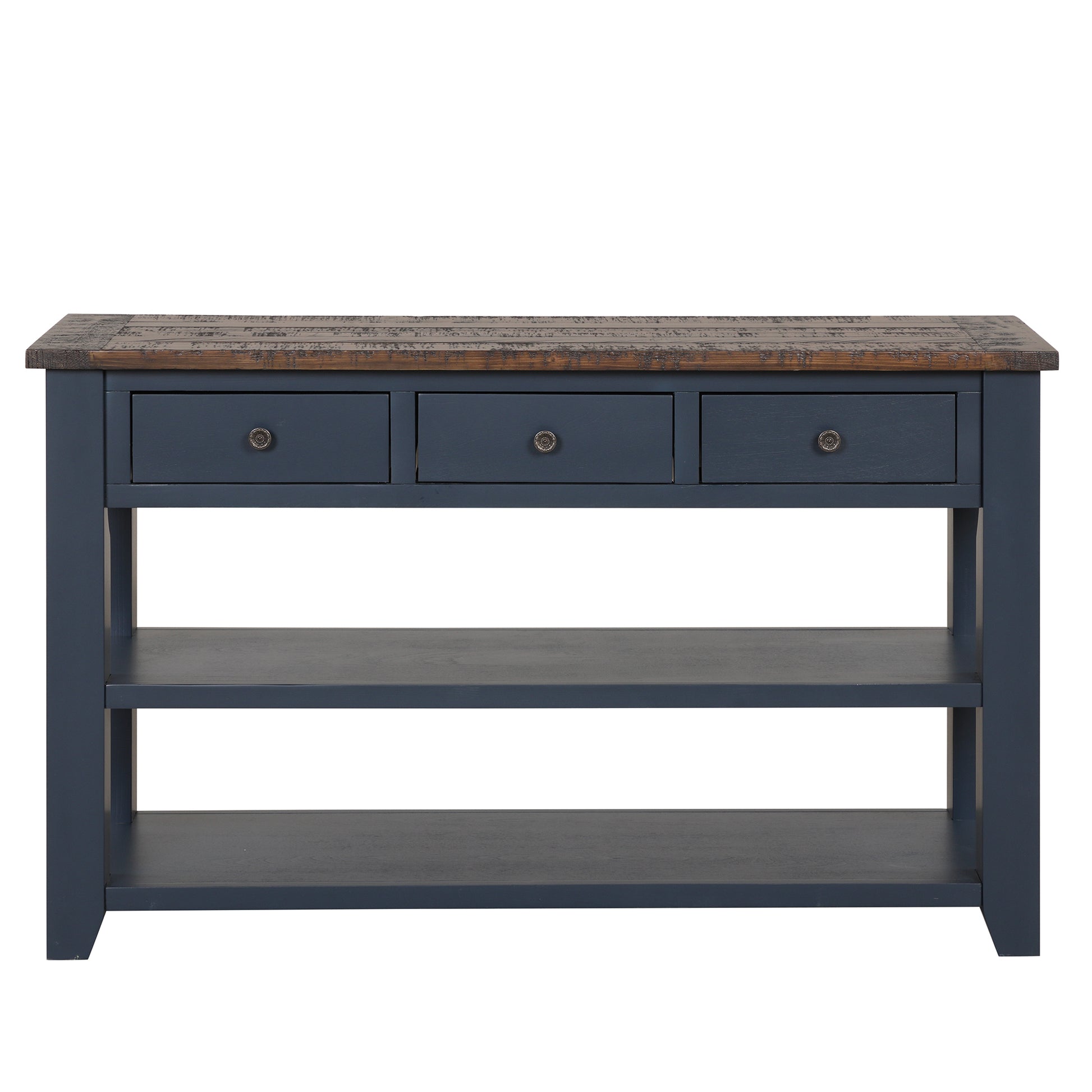Navy blue console table with three drawers and two open shelves rustic distressed top