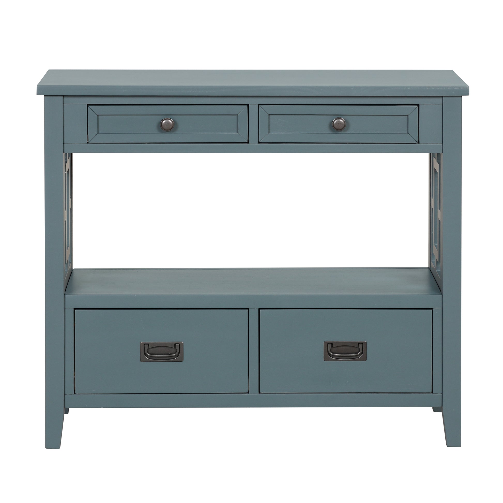 Antique blue console table with two top drawers and two lower drawers