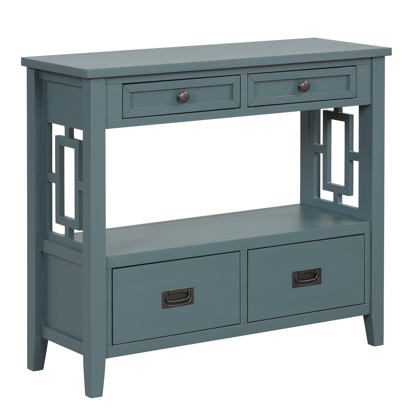 Teal wooden console table with geometric side cutouts and four drawers