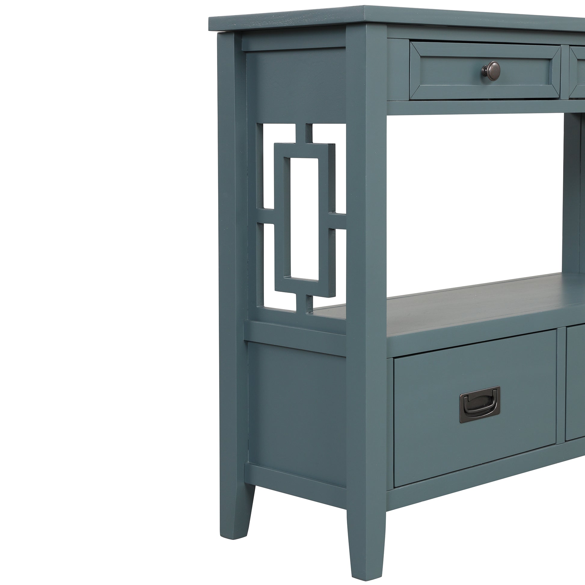 Teal wooden console table with decorative geometric side panel and dark metal drawer pulls