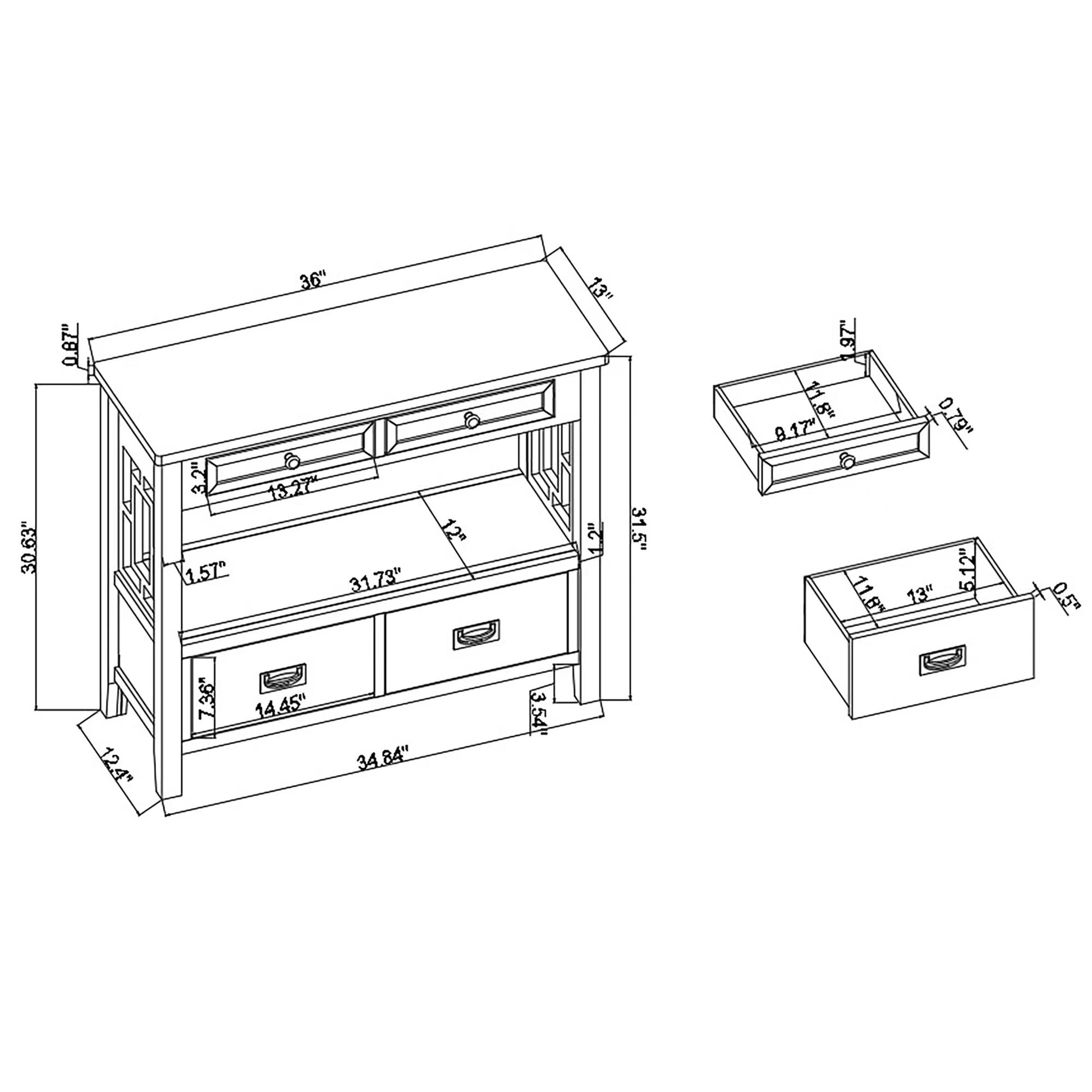 Technical drawing of a inch wide console table with two drawers and an open shelf