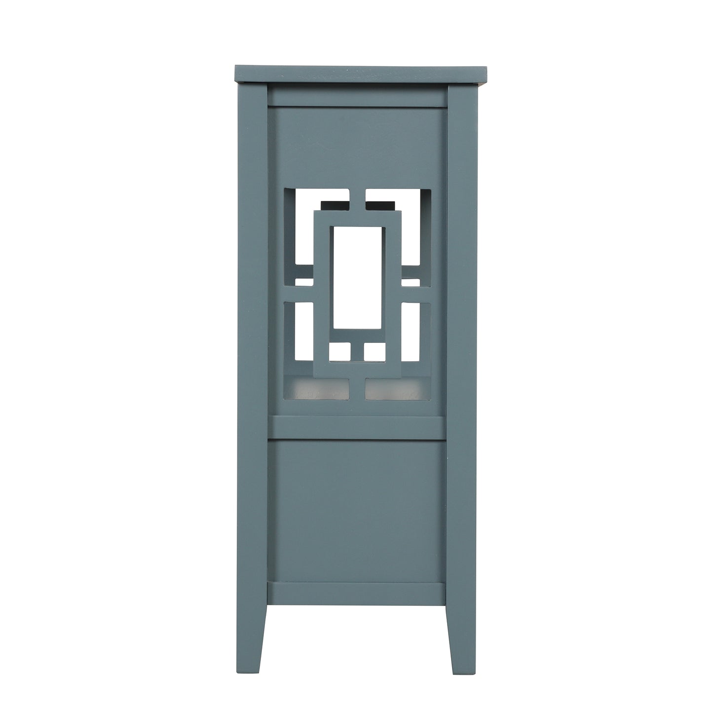 Gray wooden accent cabinet with a geometric lattice cutout door and silver knob