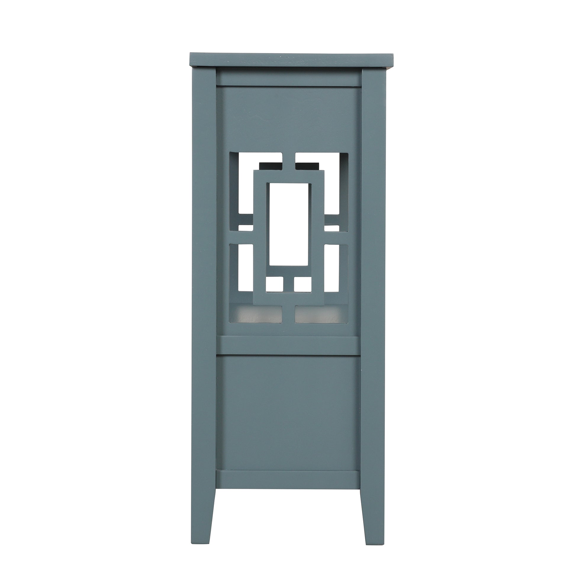 Gray wooden accent cabinet with a geometric lattice cutout door and silver knob