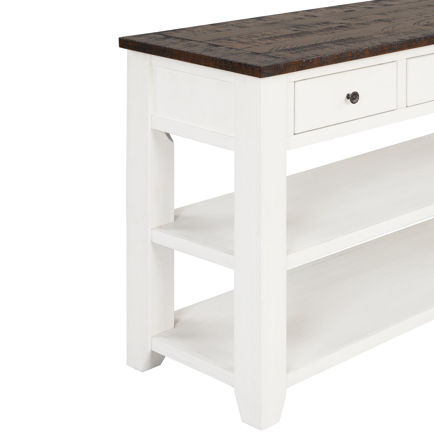 White wood console table with distressed dark wood top and two open shelves