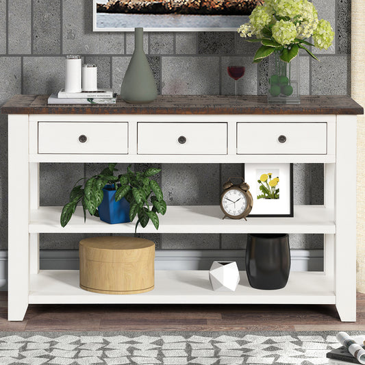 White distressed console table with three drawers and open shelving