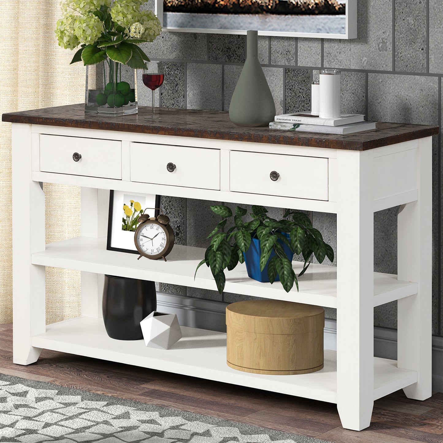 White and wood console table with three drawers and open shelves