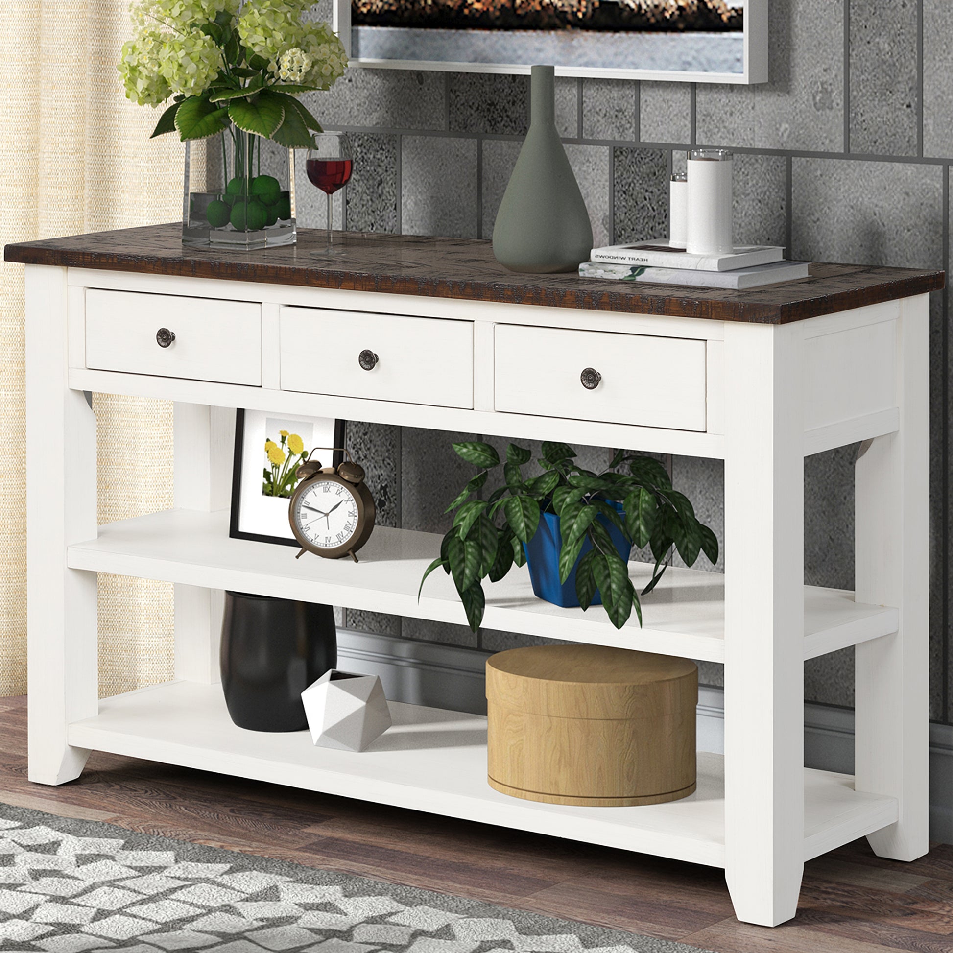 White and wood console table with three drawers and open shelves