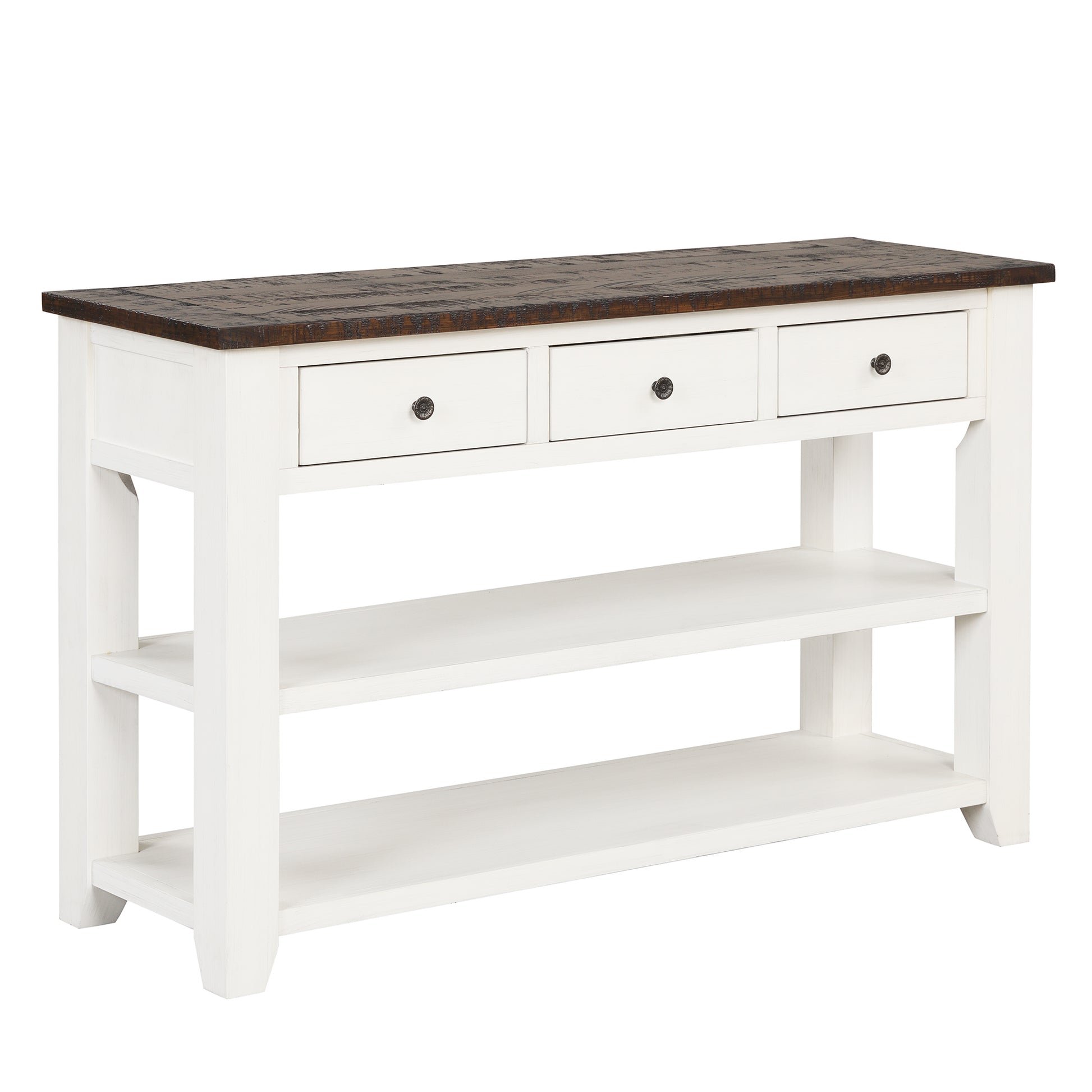 Rustic brown and white console table with three drawers and open shelving