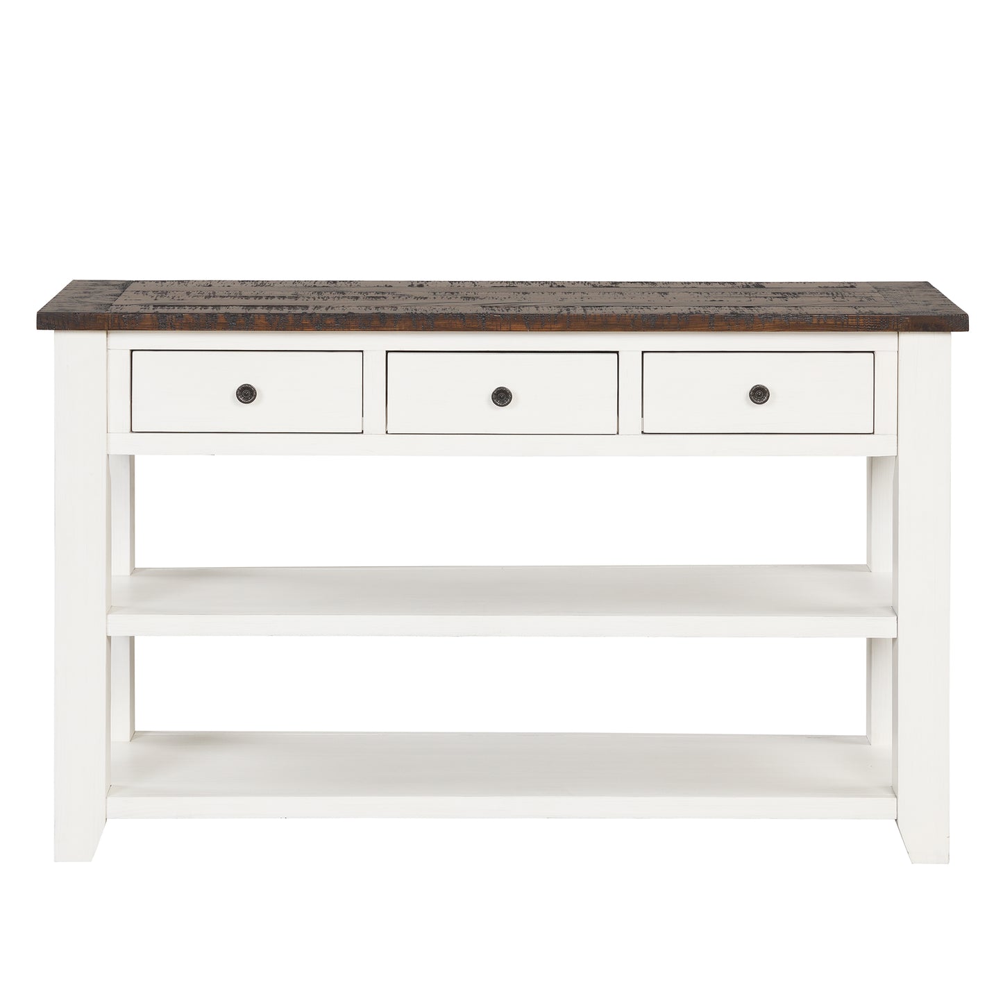 White console table with distressed wood top and three drawers for storage