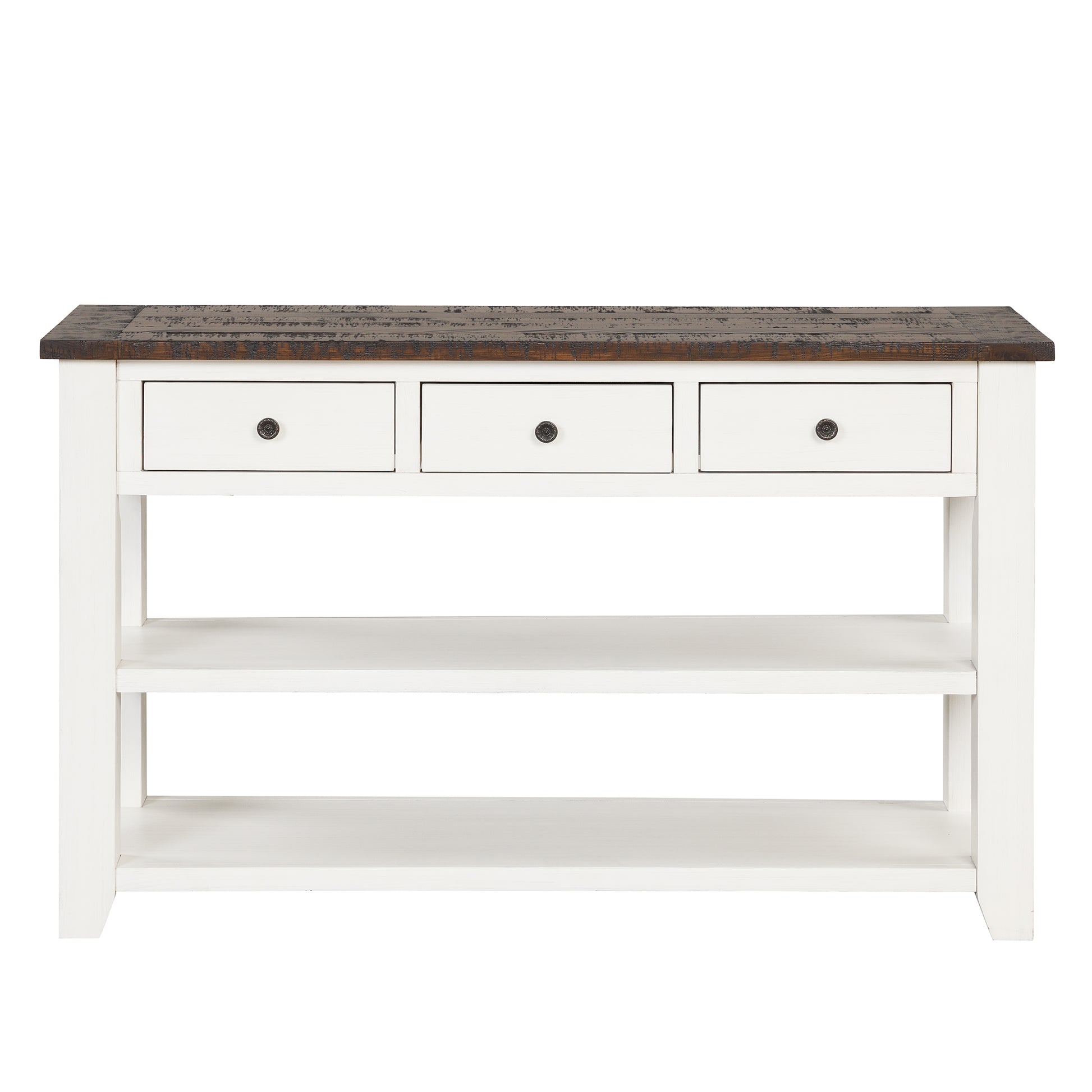 White console table with distressed wood top and three drawers for storage
