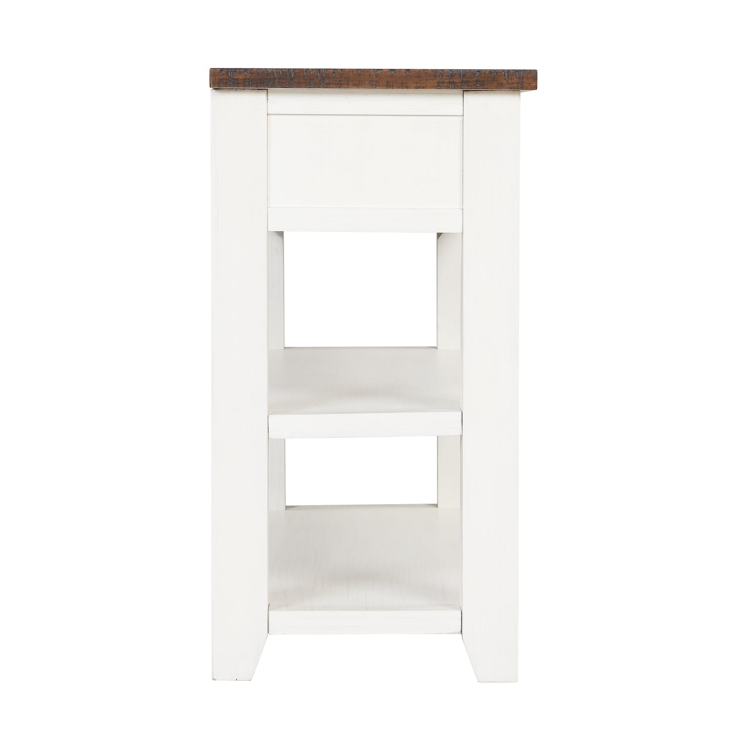 Rustic white end table with two open shelves and a distressed wood top