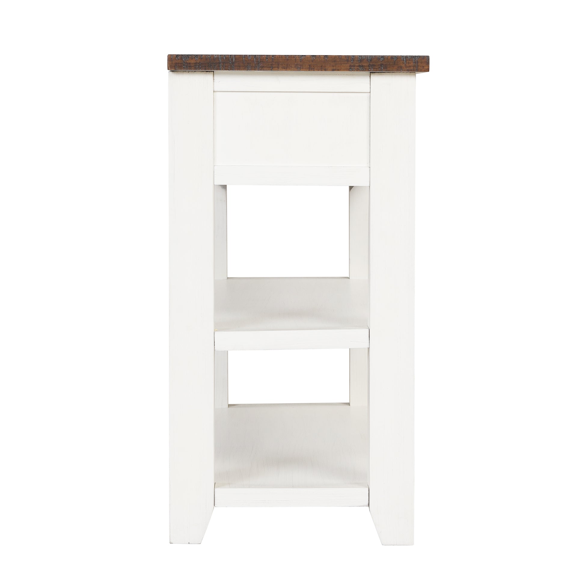 Rustic white end table with two open shelves and a distressed wood top