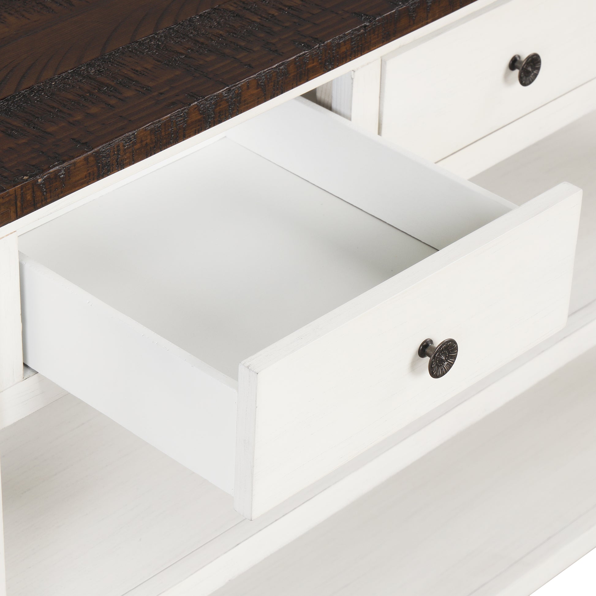 White console table with dark wood top and an open drawer