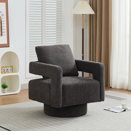 Dark gray swivel armchair with textured boucle upholstery and plush cushioning for comfort