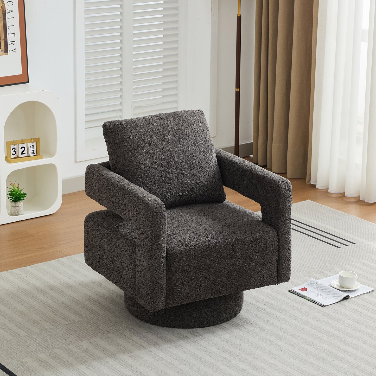 Dark grey swivel accent chair with plush teddy fabric and a square base