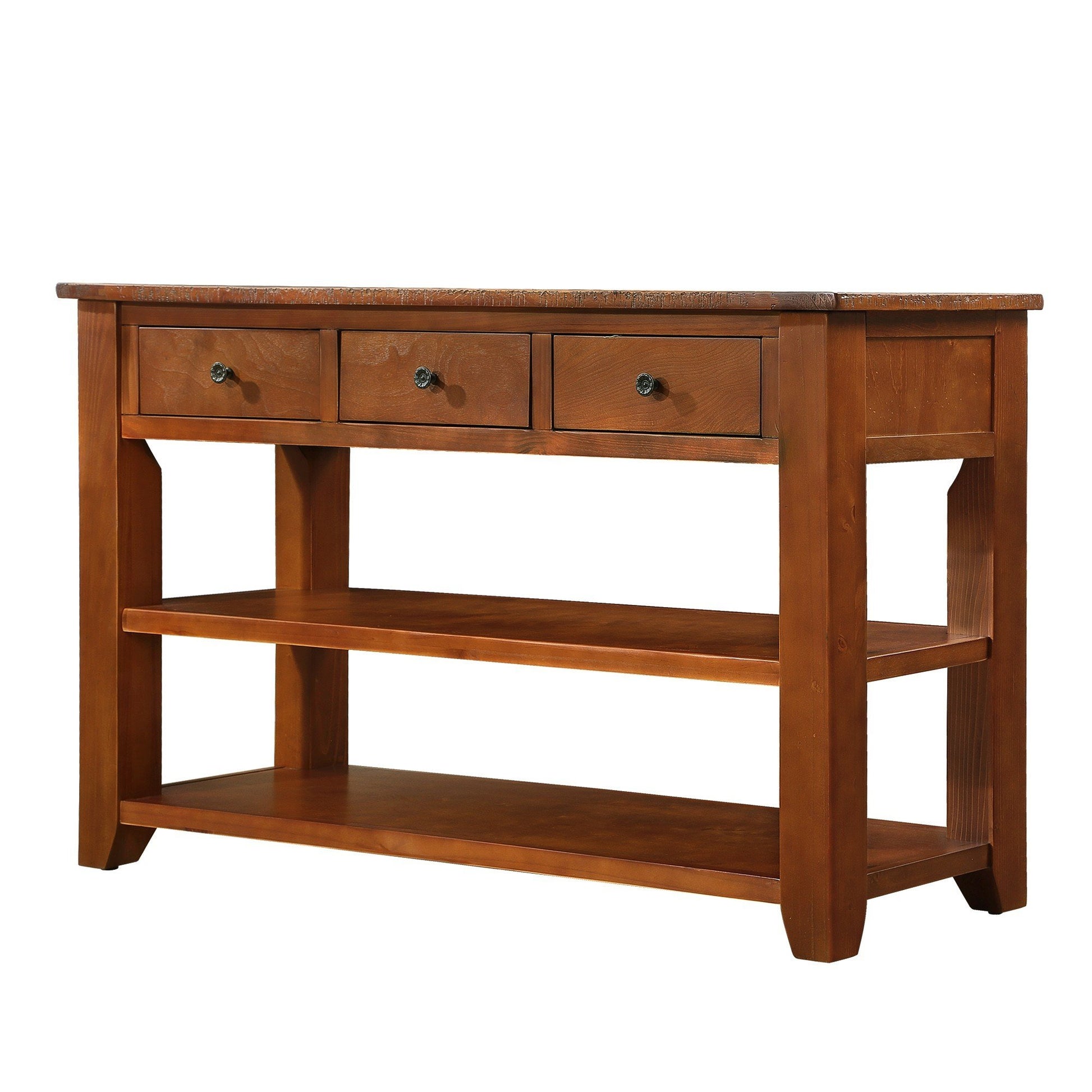 Rustic brown wooden console table with three drawers and two open shelves