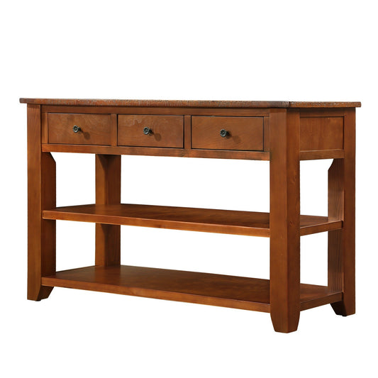Rustic brown wooden console table with three drawers and two open shelves