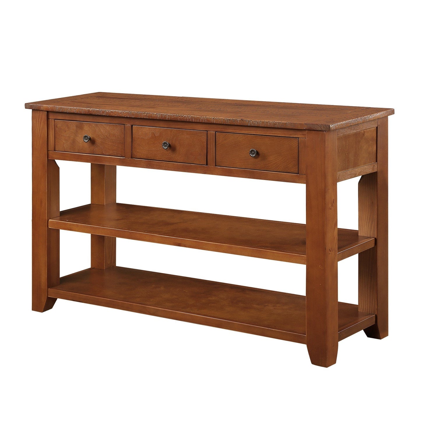 Solid wood console table in a rich brown finish with three drawers and two open shelves