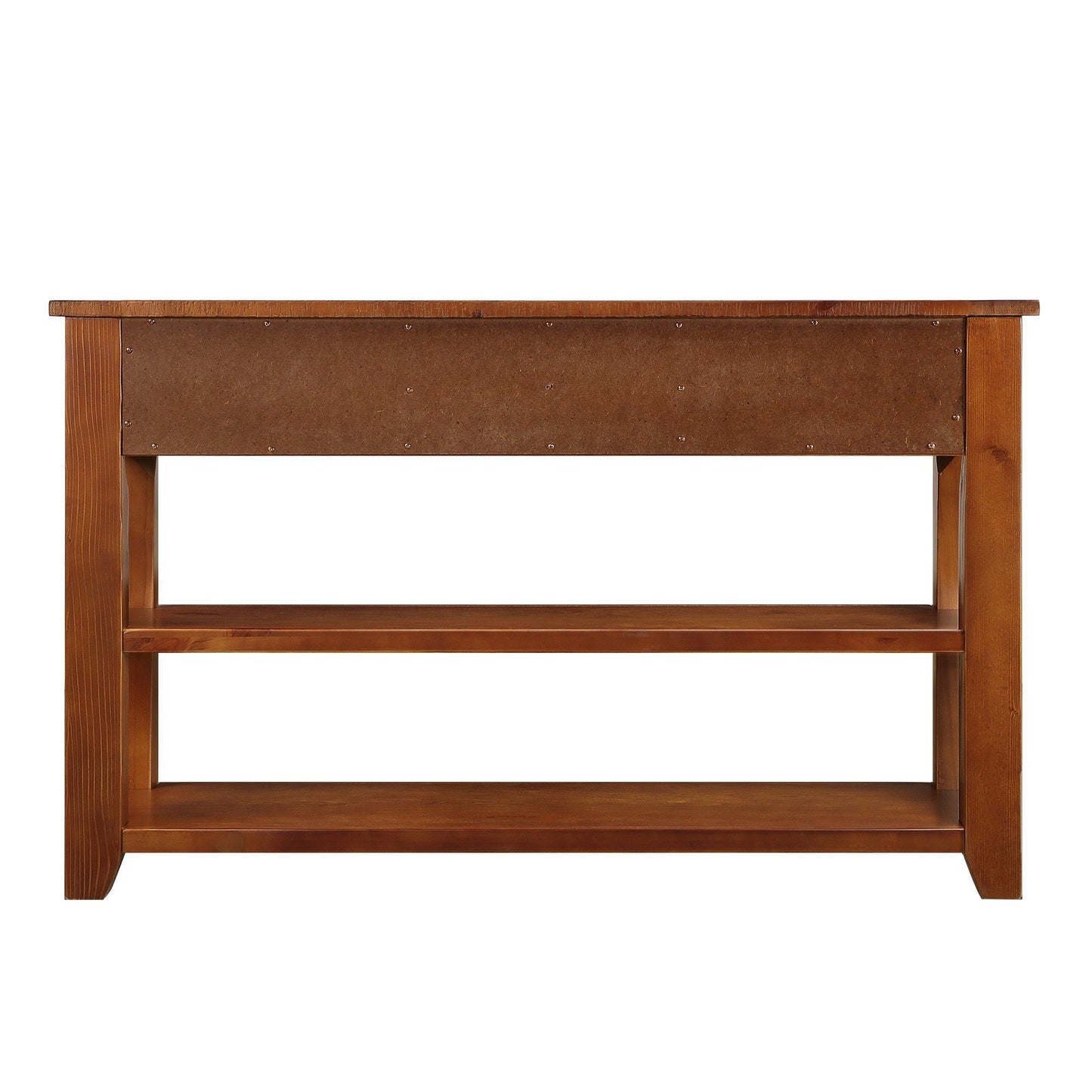Rich brown wooden media console with two open shelves and pine wood frame