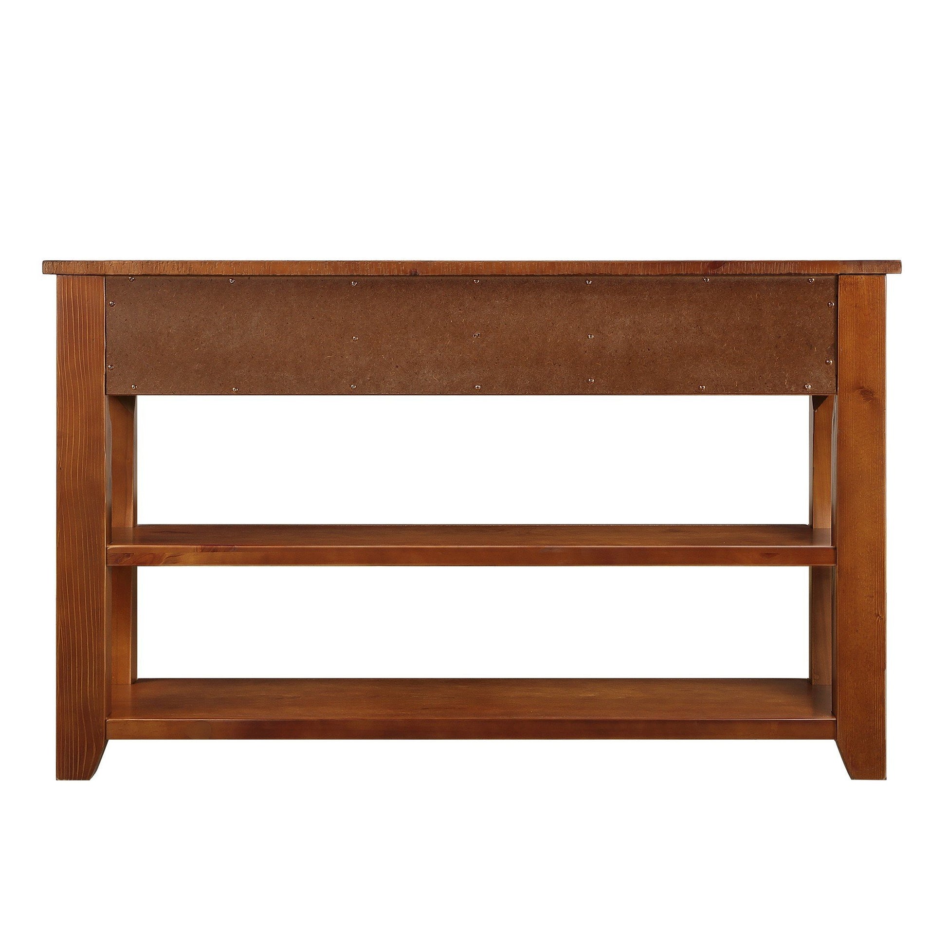 Rich brown wooden media console with two open shelves and pine wood frame