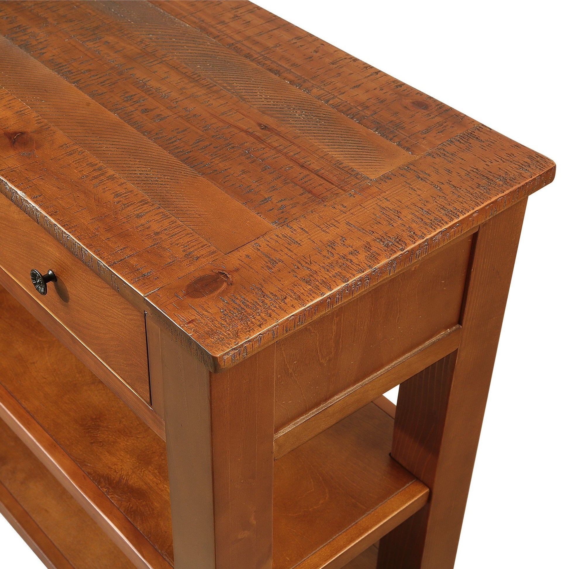 Rustic oak console table with a distressed wood finish and single drawer