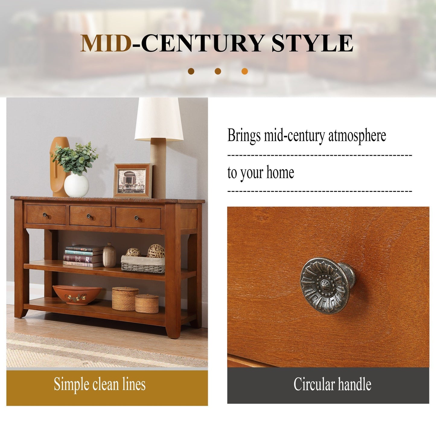 Brown wood console table with three drawers and open shelves