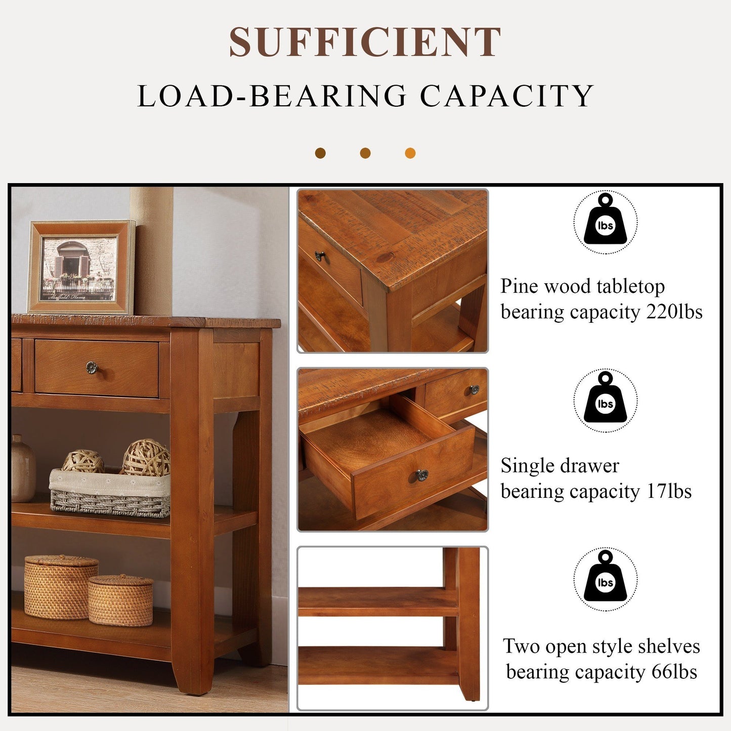 Wooden accent table with textured top single drawer and two open shelves