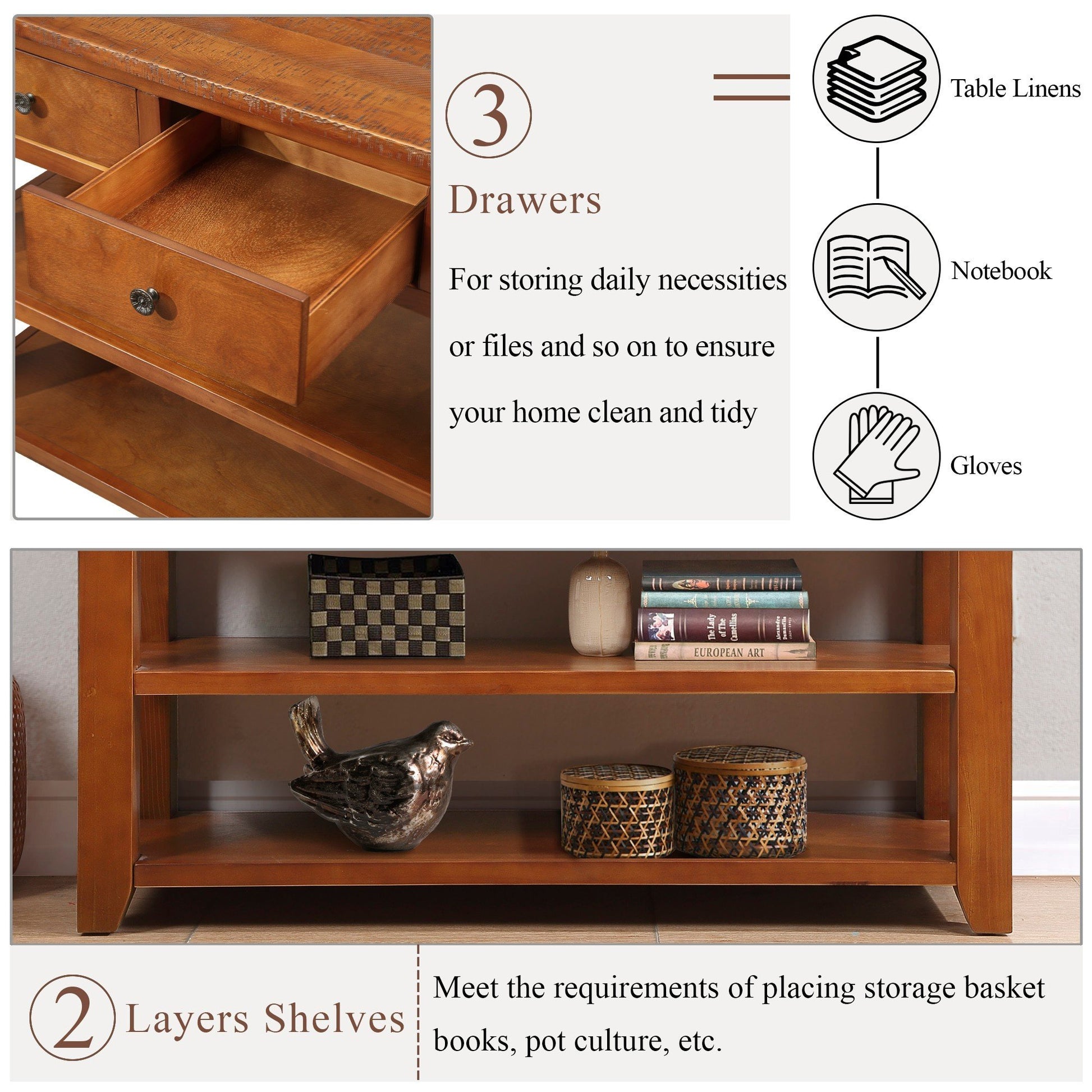 Warm brown wood console table with three drawers ideal for entryway organization