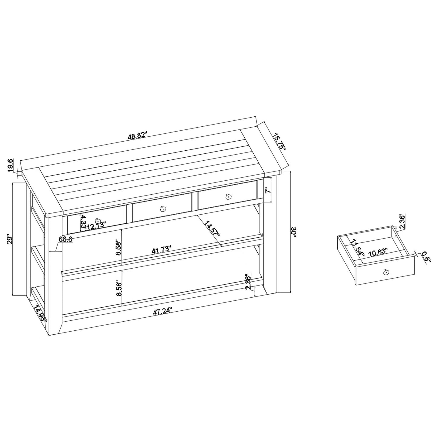 Blueprint of a slattop console table with two drawers and two open shelves dimensions provided