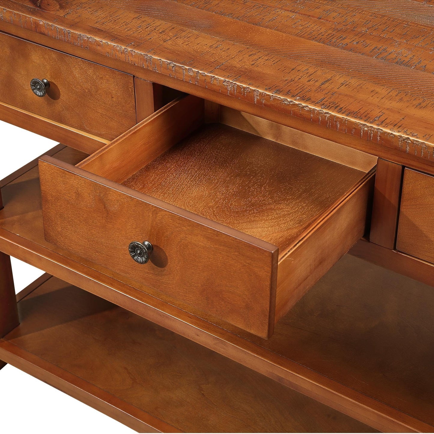Rustic brown wood console table with two drawers one open and two shelves
