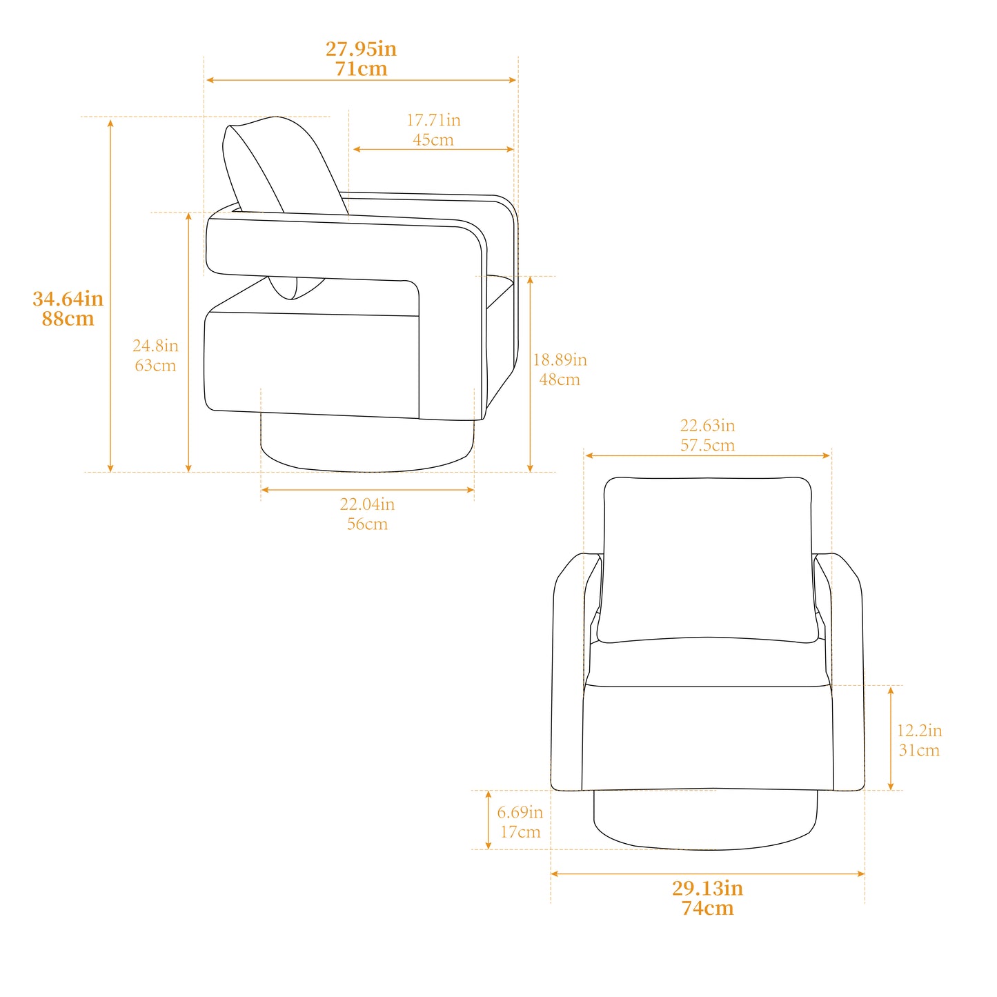 Line drawing of a modern swivel armchair with dimensions highlighted perfect for living rooms