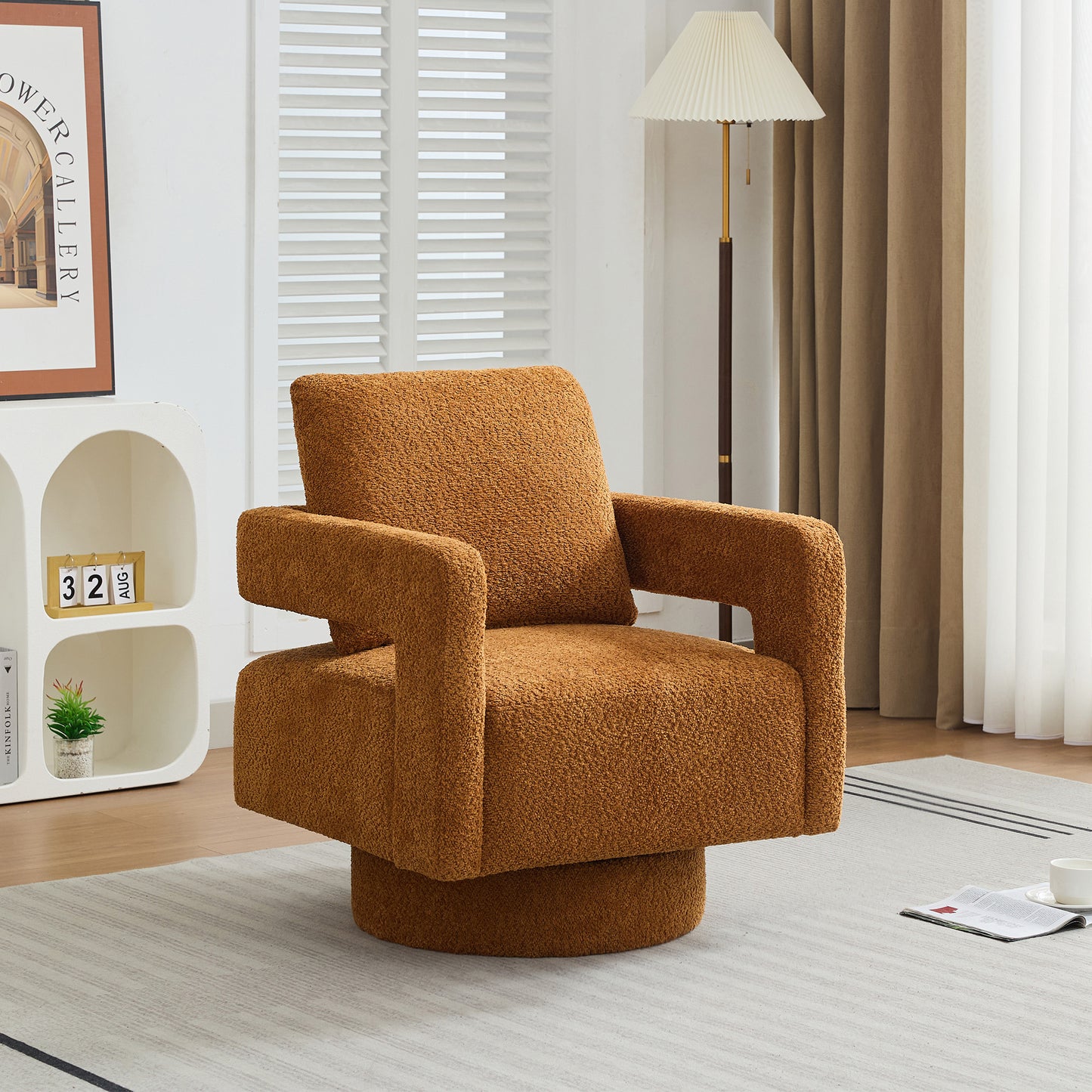 Terracotta teddy boucle swivel accent chair with plush fabric upholstery and wide arms