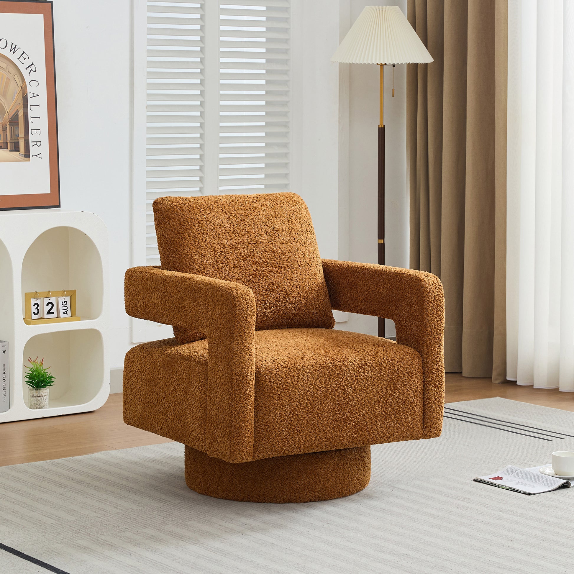 Terracotta teddy boucle swivel accent chair with plush fabric upholstery and wide arms