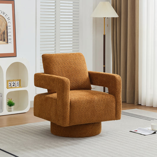 Terracotta teddy boucle swivel accent chair with plush fabric upholstery and wide arms