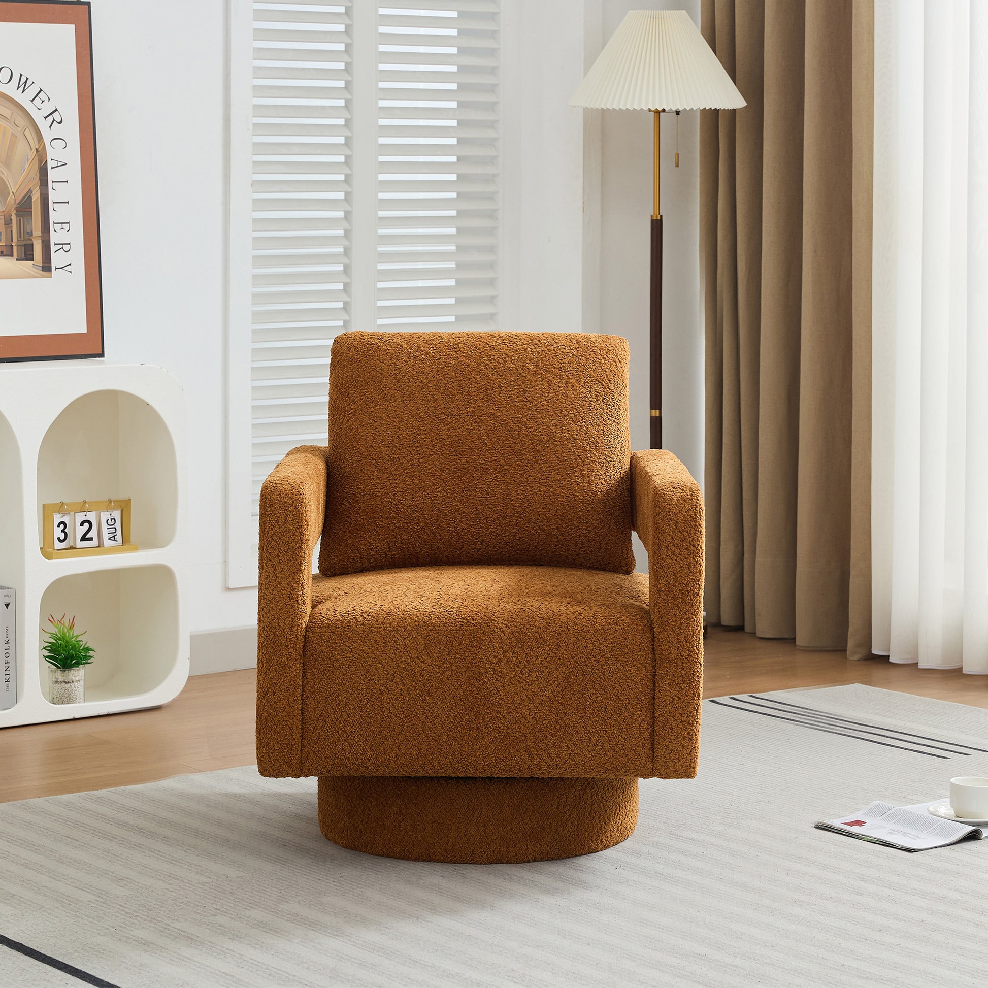 Cozy textured burnt orange swivel chair perfect for living rooms