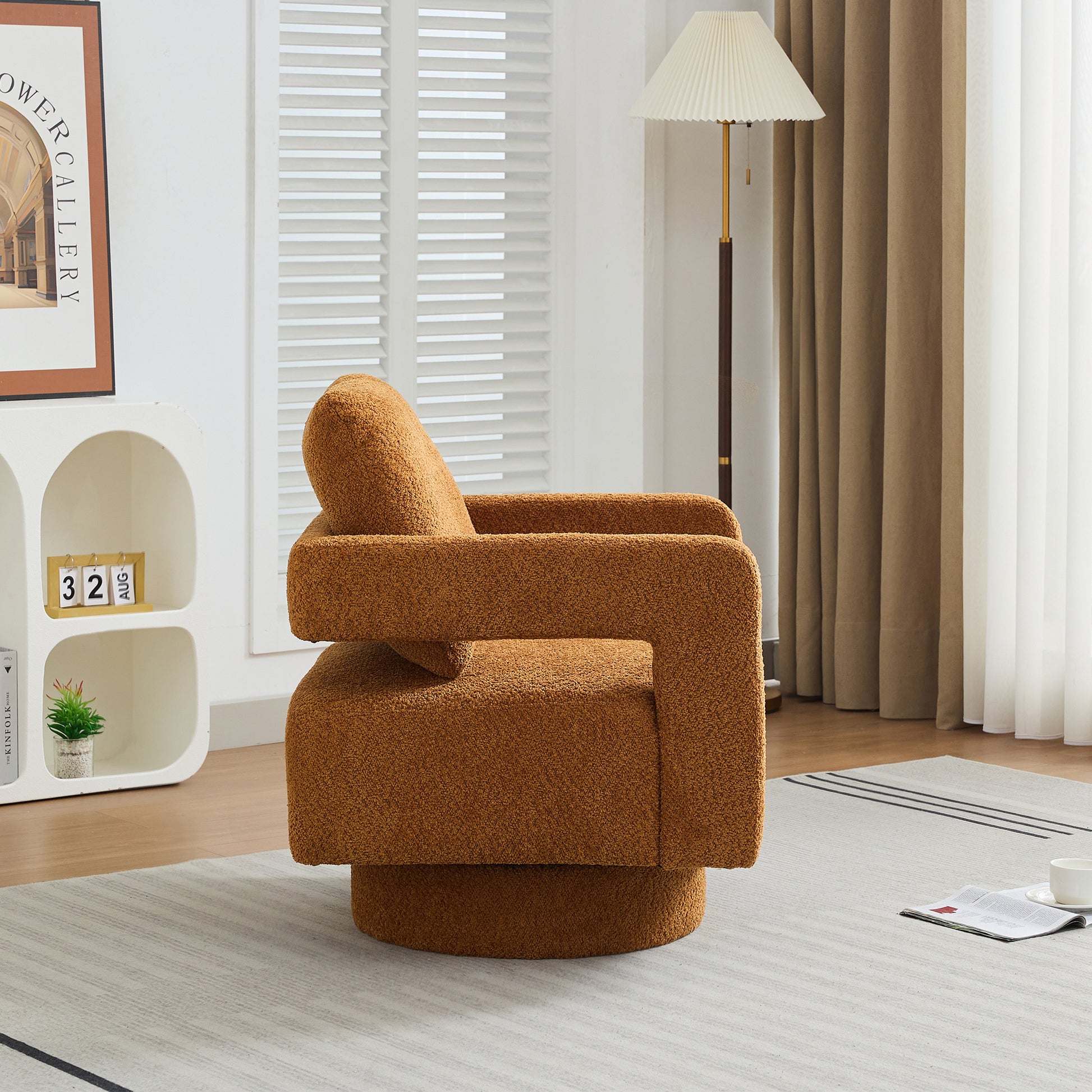 Cozy burnt orange boucle swivel accent chair with rounded arms and plush cushion for living room