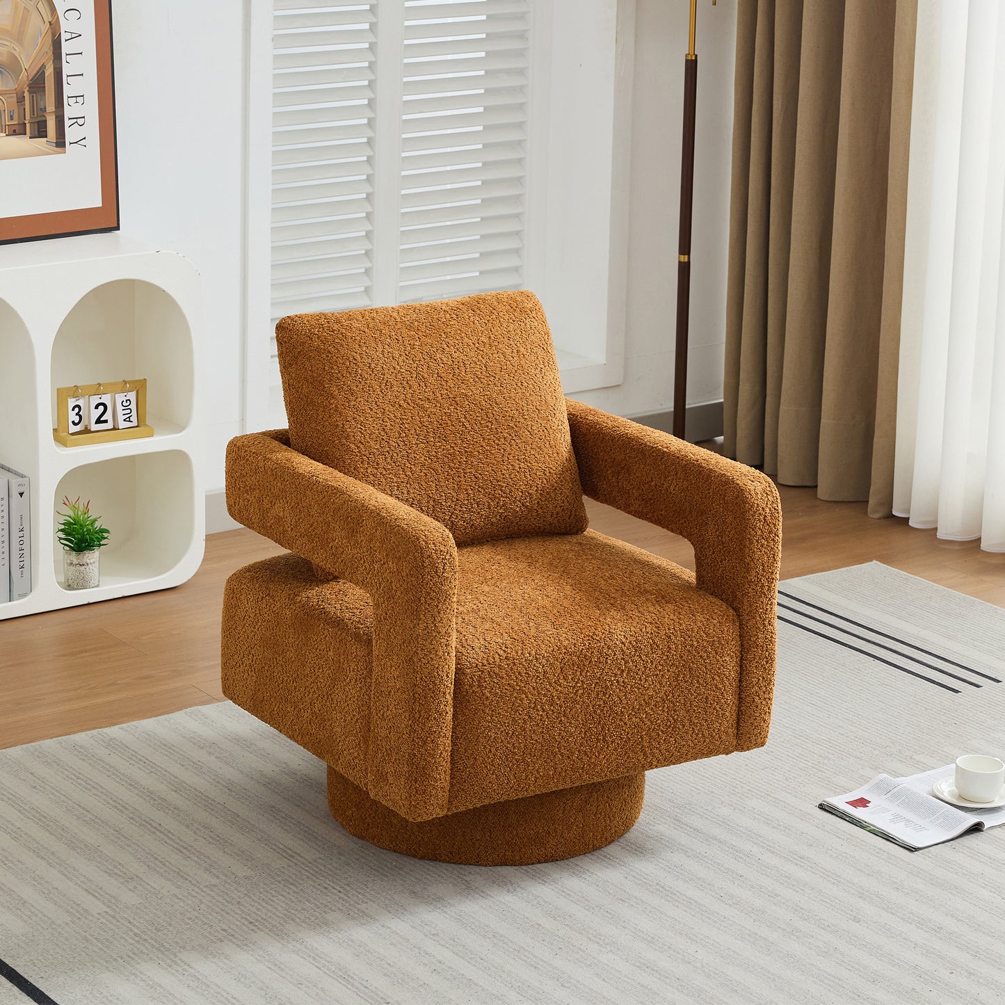 Cozy burnt orange boucle armchair with swivel base perfect for modern living rooms