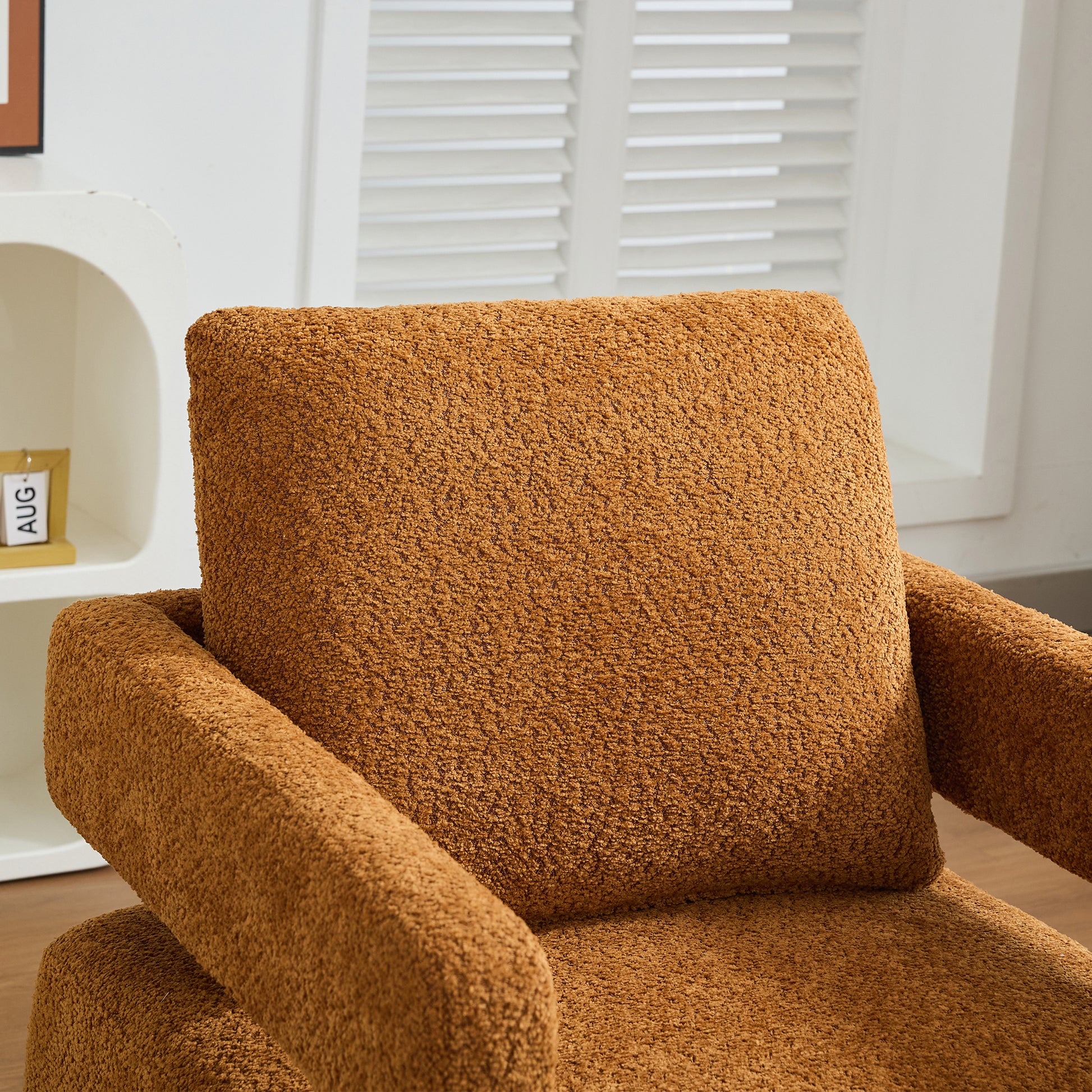 Cozy brown teddy fabric armchair with plush seat cushion for living room comfort