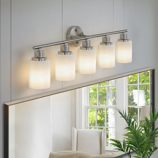 Brushed nickel fivelight vanity light fixture with frosted glass shades for bathroom lighting