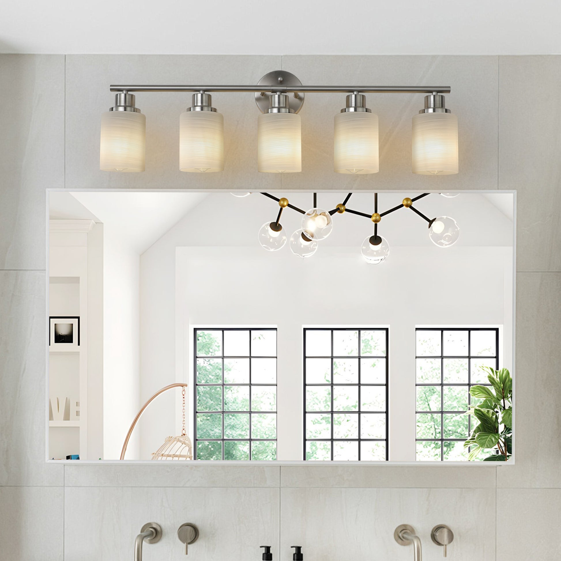 Brushed nickel vanity light with five glass shades modern bathroom fixture