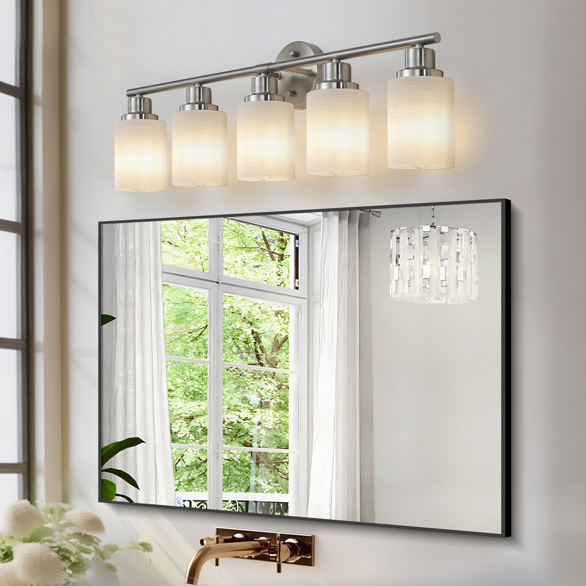 Brushed nickel vanity light with five frosted glass shades for bathroom illumination