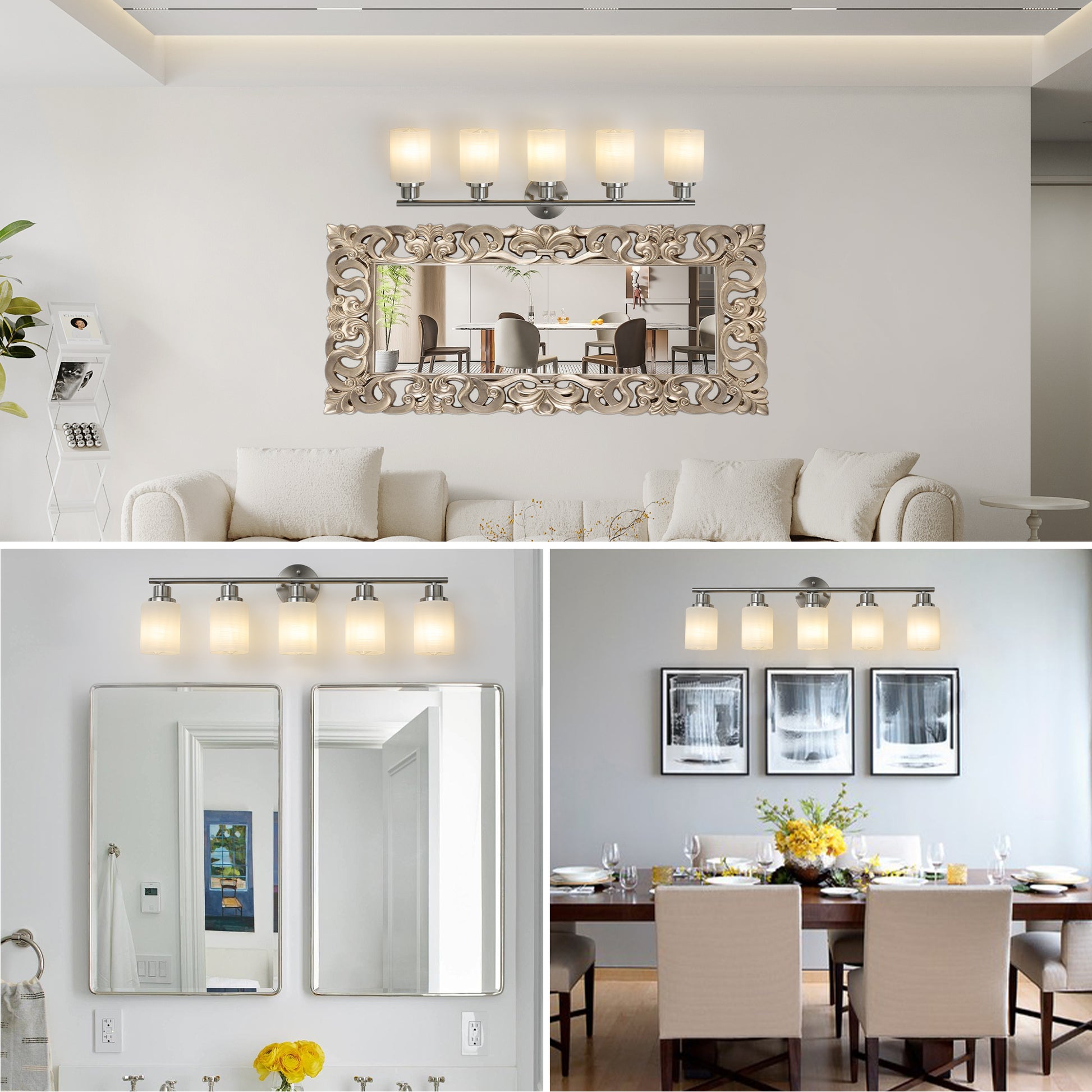 Brushed nickel fivelight vanity light fixture with frosted glass shades above a bathroom mirror