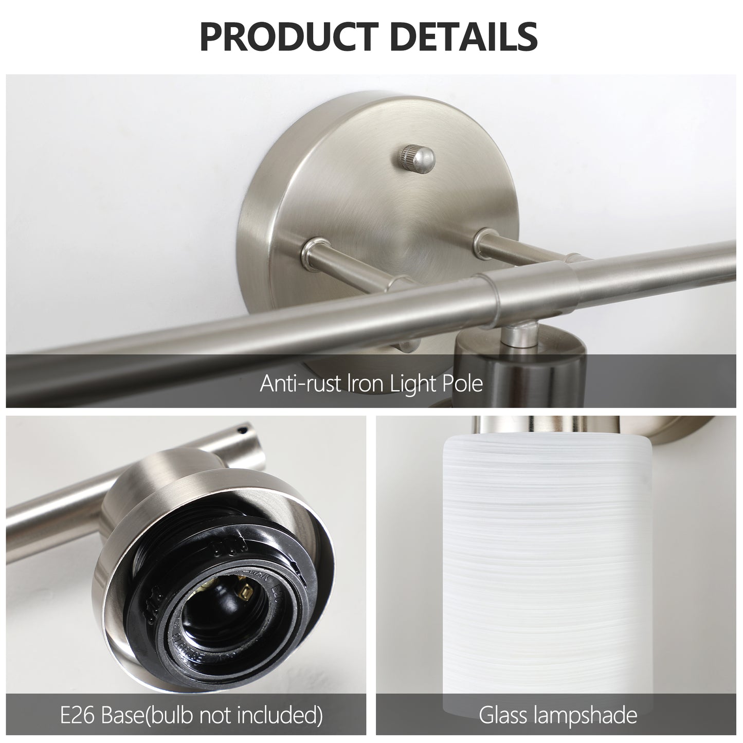 Brushed nickel finish on antirust iron light pole for a modern bathroom vanity light