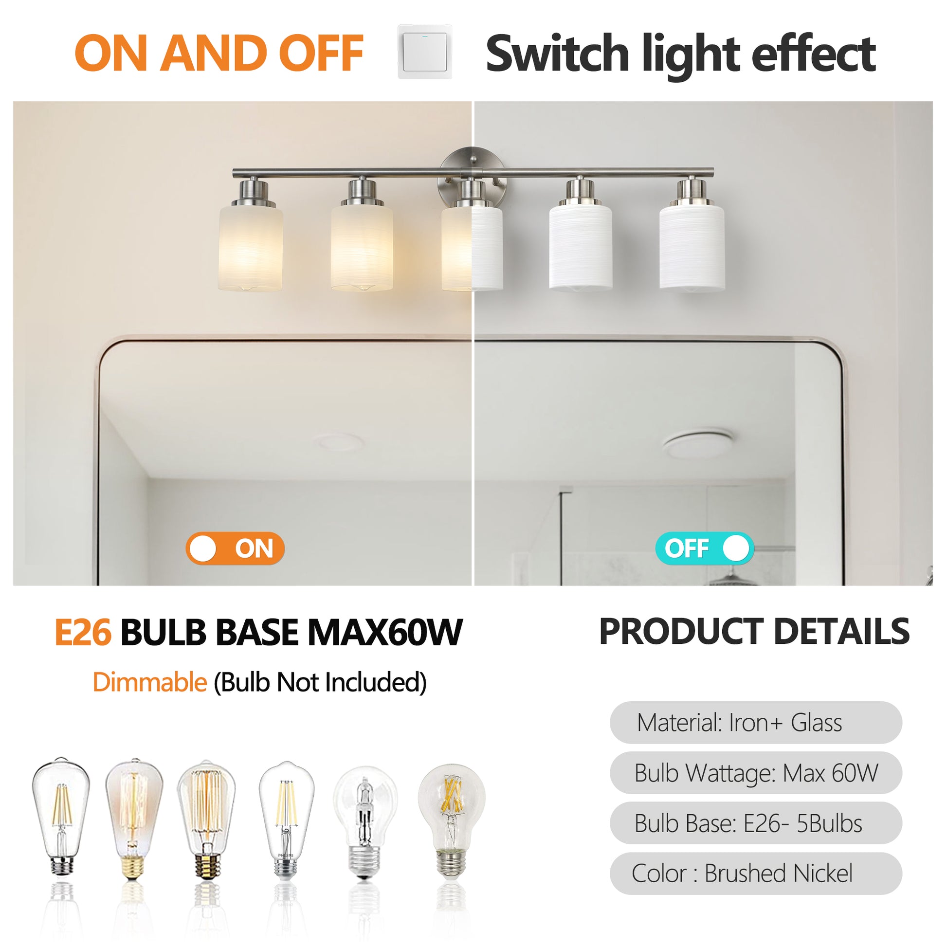 Brushed nickel vanity light fixture with four frosted glass shades shown ON