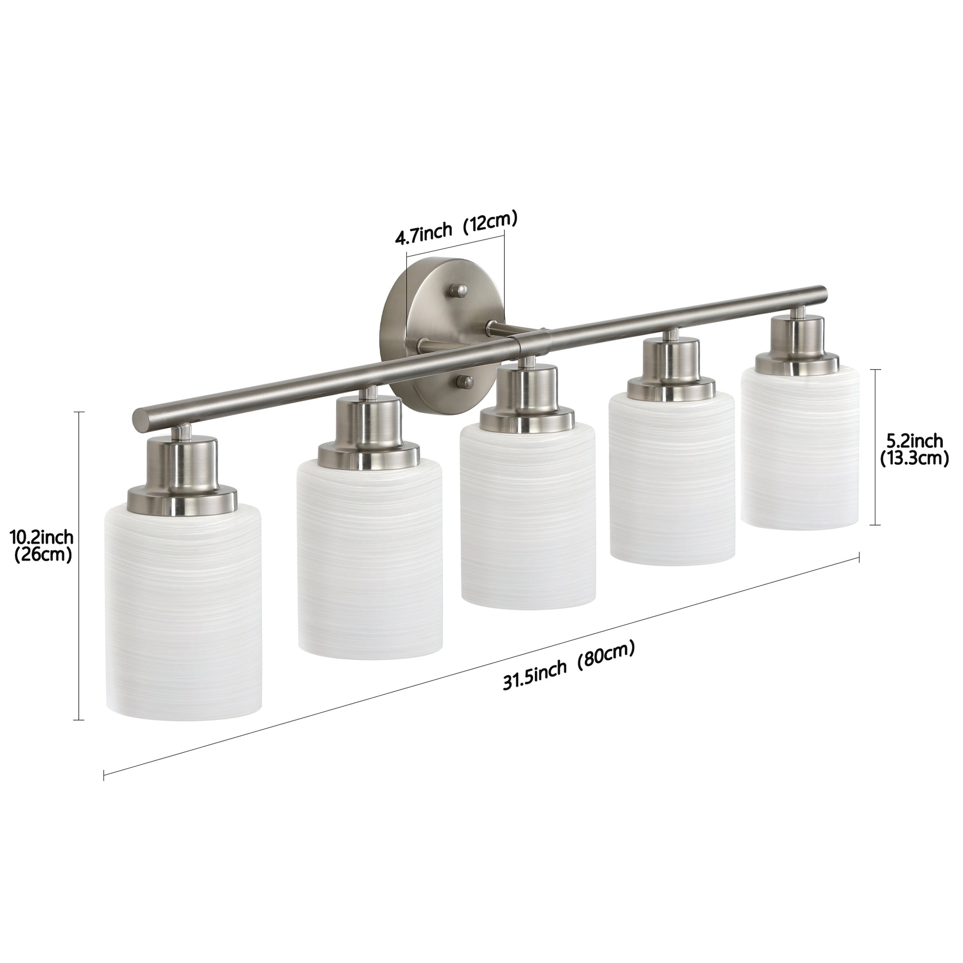 Brushed nickel fivelight vanity light with textured white glass shades