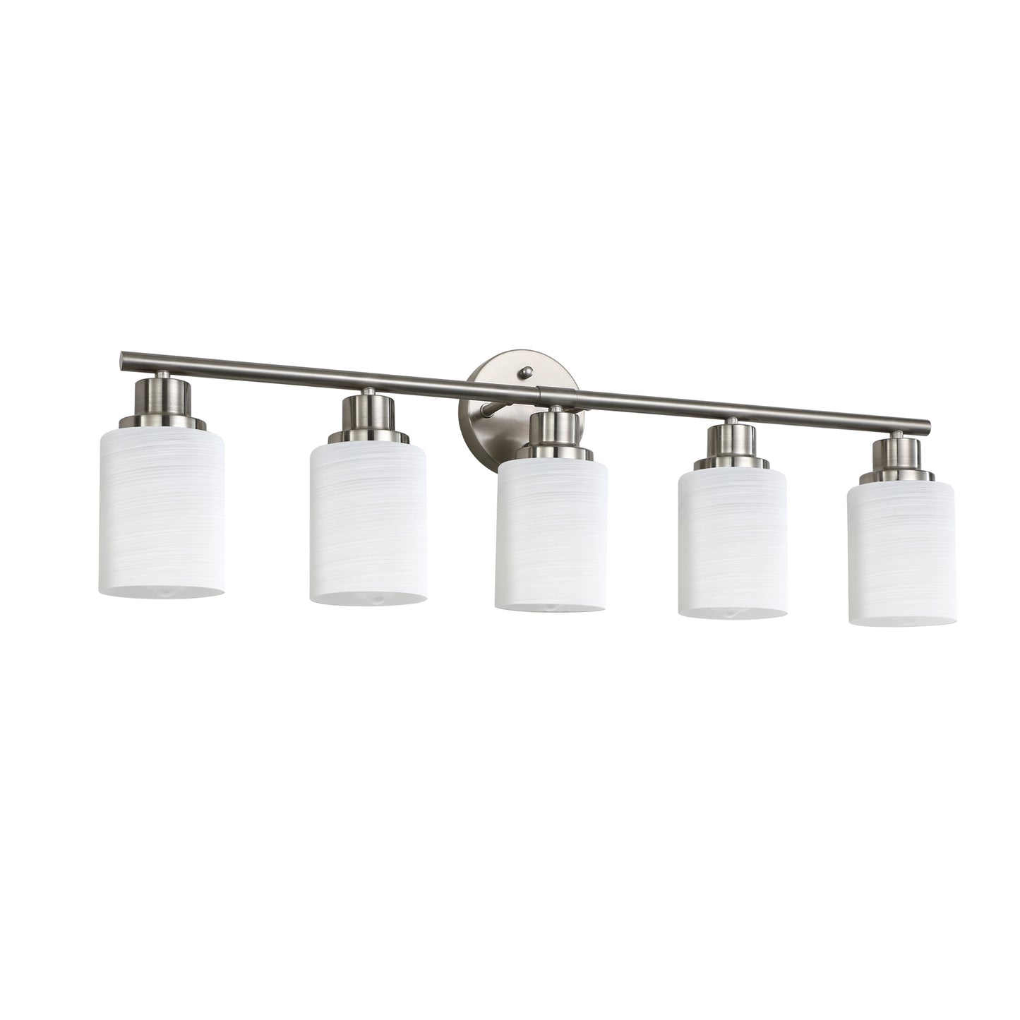Brushed nickel vanity light with five white textured glass shades modern bathroom fixture